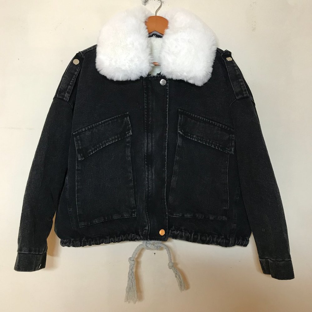 Black Denim Boho Unstructured Short Jacket Detachable White Fur Lining & Collar
